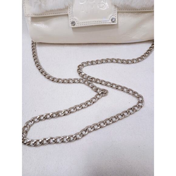 Longchamp Shoulder Crossbody Bag Ivory Patent Leather White Rabbit Fur Glam VNTG - Picture 6 of 16